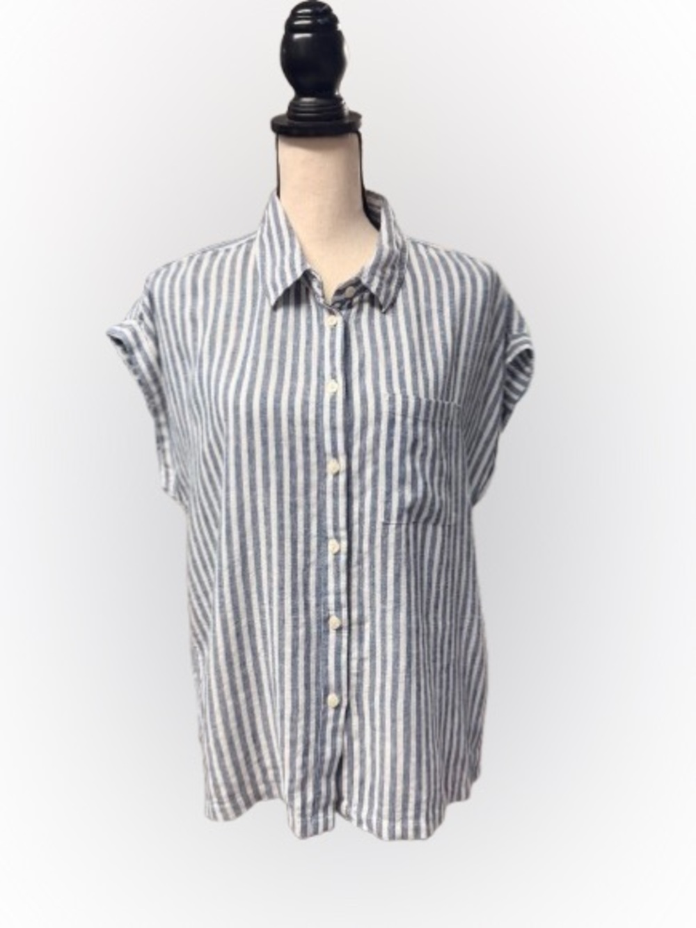 Orvis Linen Blend Striped Button Front Shirt Women’s Medium Blue White